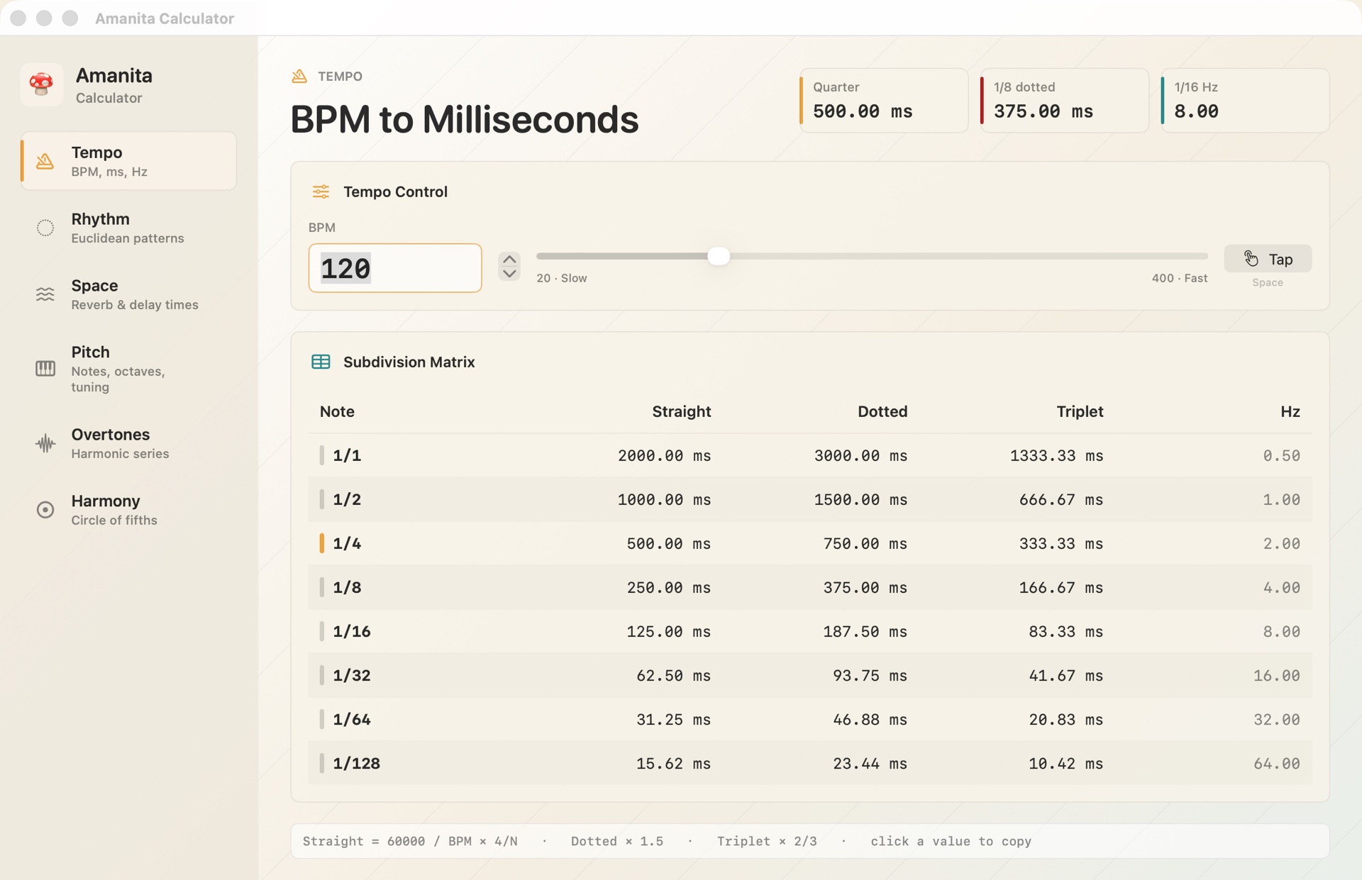 Amanita Calculator on macOS — BPM to Milliseconds screen with tempo control and subdivision matrix